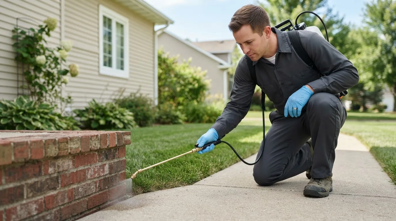 Pest control technician treating a home near Halltown, MO