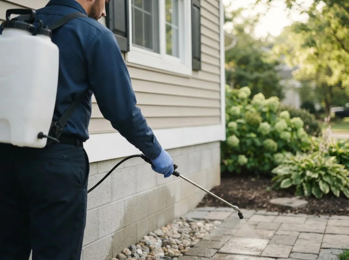 Pest control technician inspecting a home in Halltown, MO